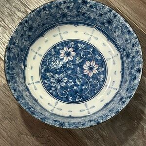 Vintage Japanese Porcelain Bowl With Blue & White Floral Pattern 7” 4” deep